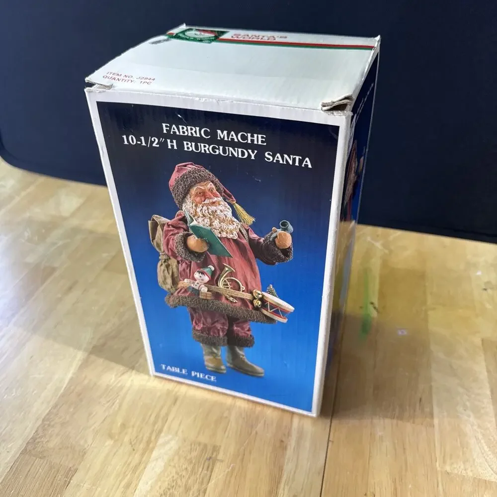 Kurt Adler Santa’s World Fabric Mache 10.5” Burgundy Santa w/ Toys & Box VTG